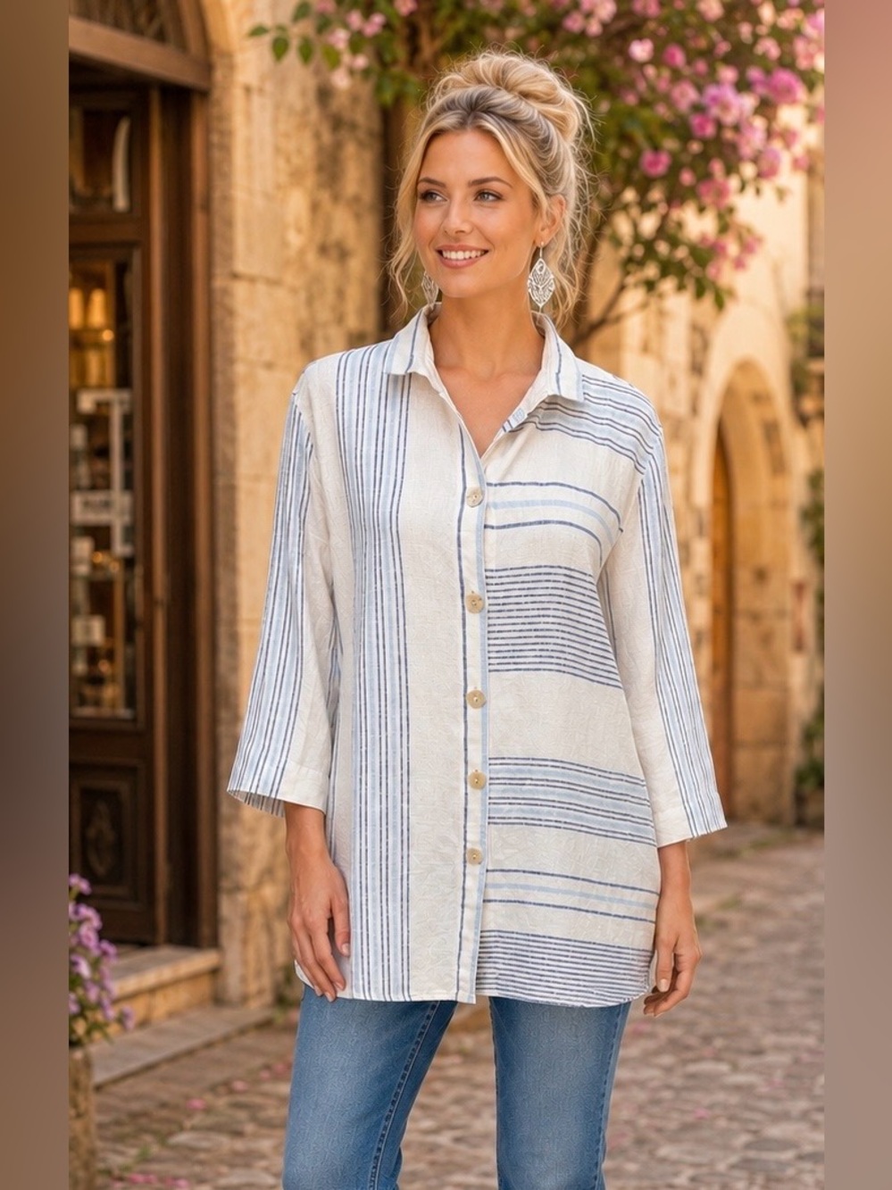 Ali Miles Linen Cotton Striped Button Front Tunic Top Large